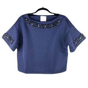 Line and Dot Jeweled Beaded Neckline Short Sleeve Top in Navy Blue Size L